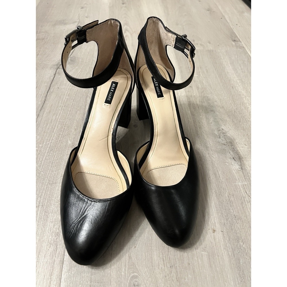 ALEX MARIE Black Leather Ankle Strap Round Toe Block Heel Shoe Women's 10M